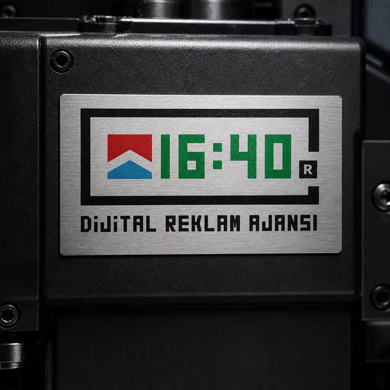 Metal etiket — 16:40 Dijital logolu fırçalanmış çelik plaka